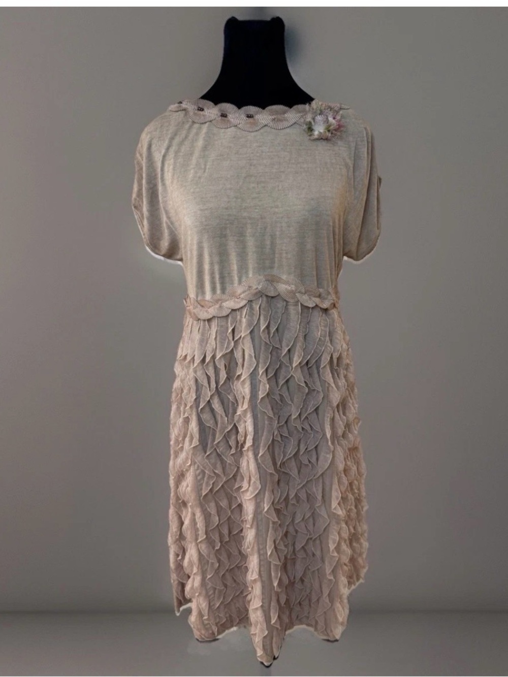 Sapore Di Mare Dress Sz XL Made In Italy Tan Ruffle Bead Stretch Party Boho NWOT